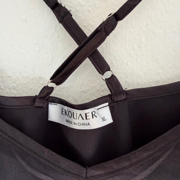 Ekouaer Black Satin Slip Mini Dress Chemise Size XL Criss Cross Back Adjustable - Picture 5 of 7